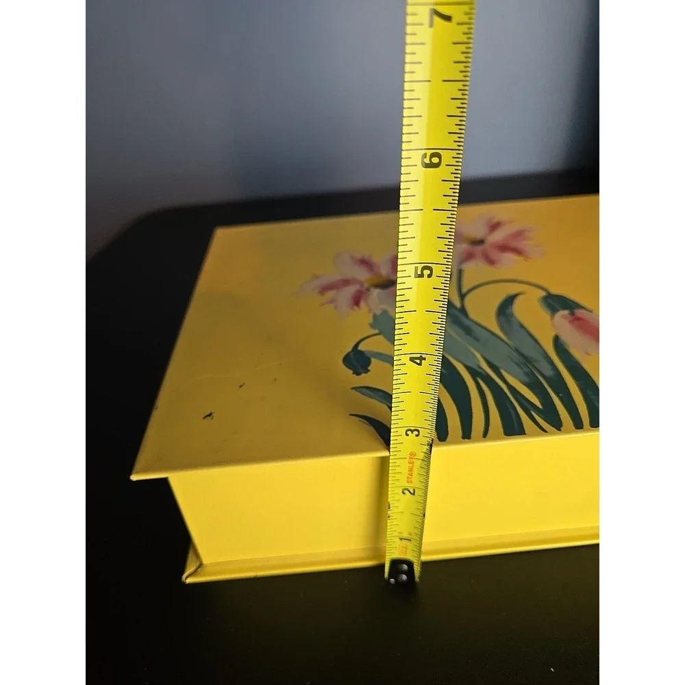 Vintage Yellow‎ Metal Box w/ Flowers on Hinged Lid - Hankie Jewelry Make-up Box